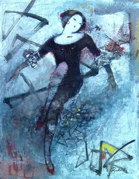 油絵 菅家令子 絵 絵画インテリア額付(青緑＋金色の枠) F6-212023