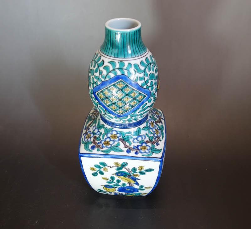 九谷焼 青手九谷 瓢箪 花瓶 酒器 徳利 共箱 草花文 角福 井上