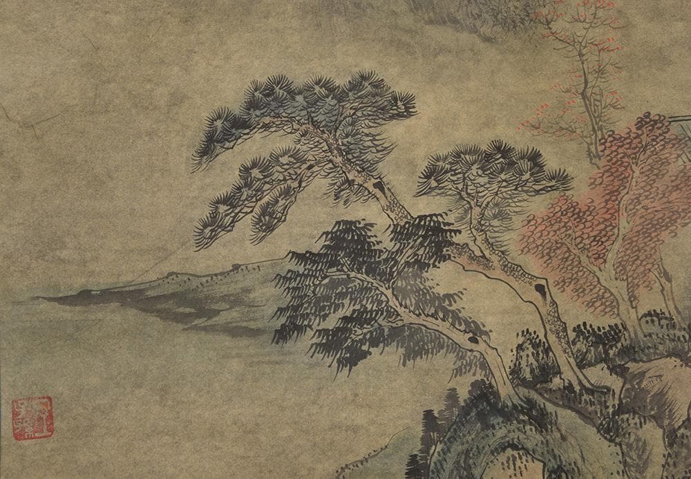 中国美術 伯石画 渓山清夏 壬戌年仲 夏月 山水墨画 1982