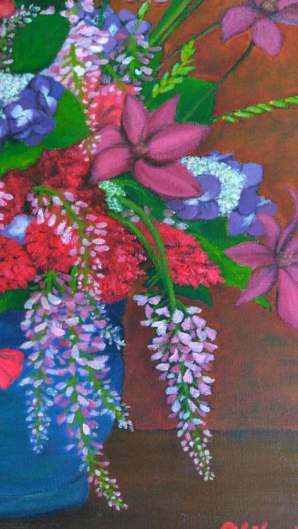 油絵 「青い花瓶の花」 油彩画 花 絵画 F8