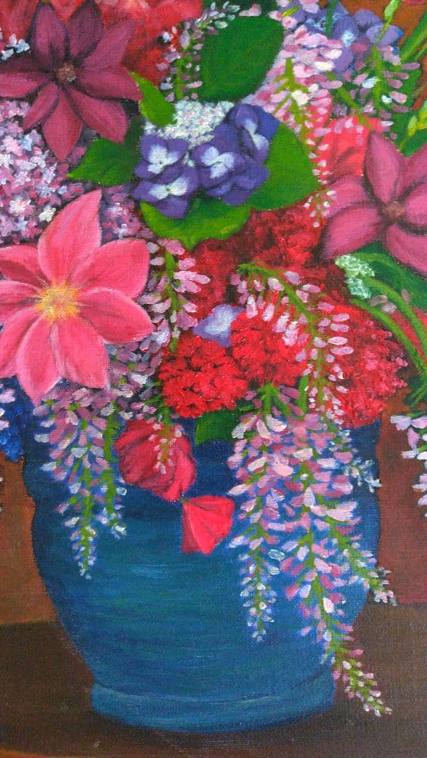 油絵 「青い花瓶の花」 油彩画 花 絵画 F8