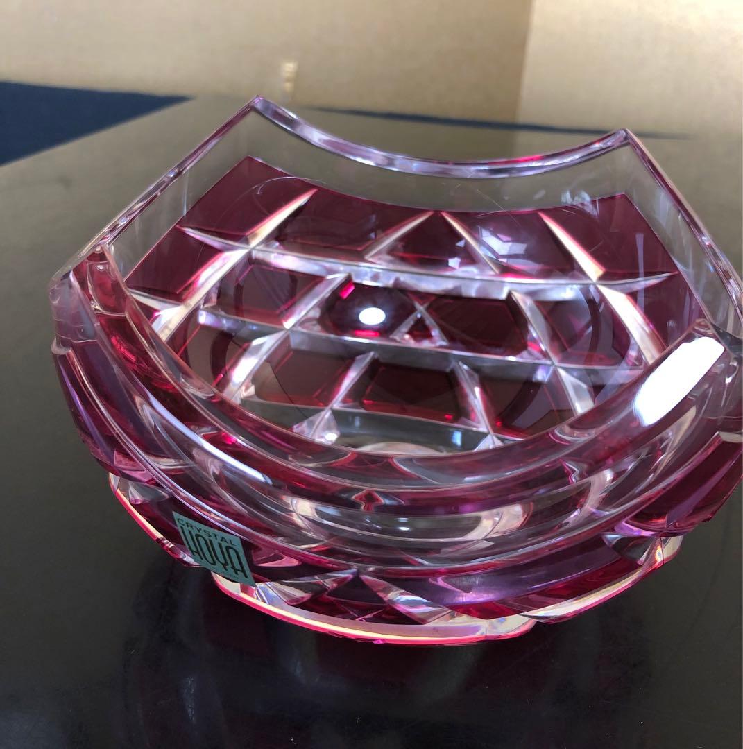 《R》HOYA CRYSTAL 玻璃 赤被校倉四方切洗鉢 懐石 250707E1