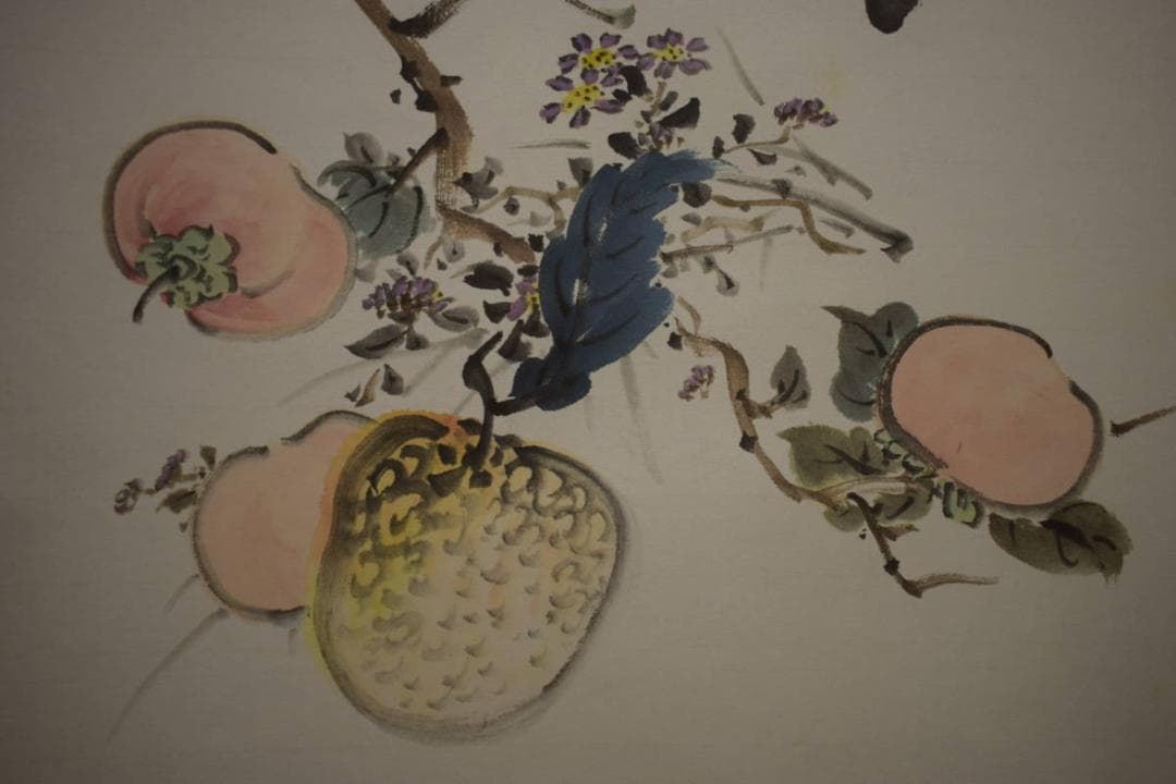 真作/天来/花瓶/白梅/柿/画賛/布袋屋掛軸HI-879