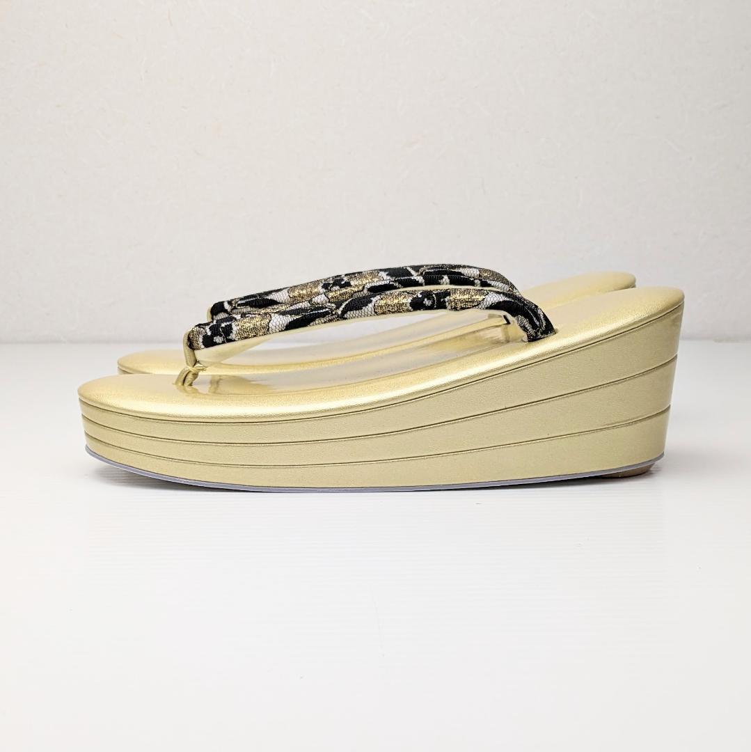 草履バッグセット 振袖用 エナメル×レース 金×黒 フリーサイズ u72-1