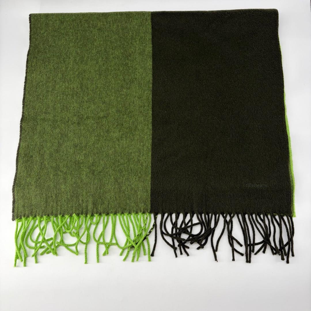16743✨レア✨HERMES カシミヤ100% 刺繍ロゴ バイカラー マフラー