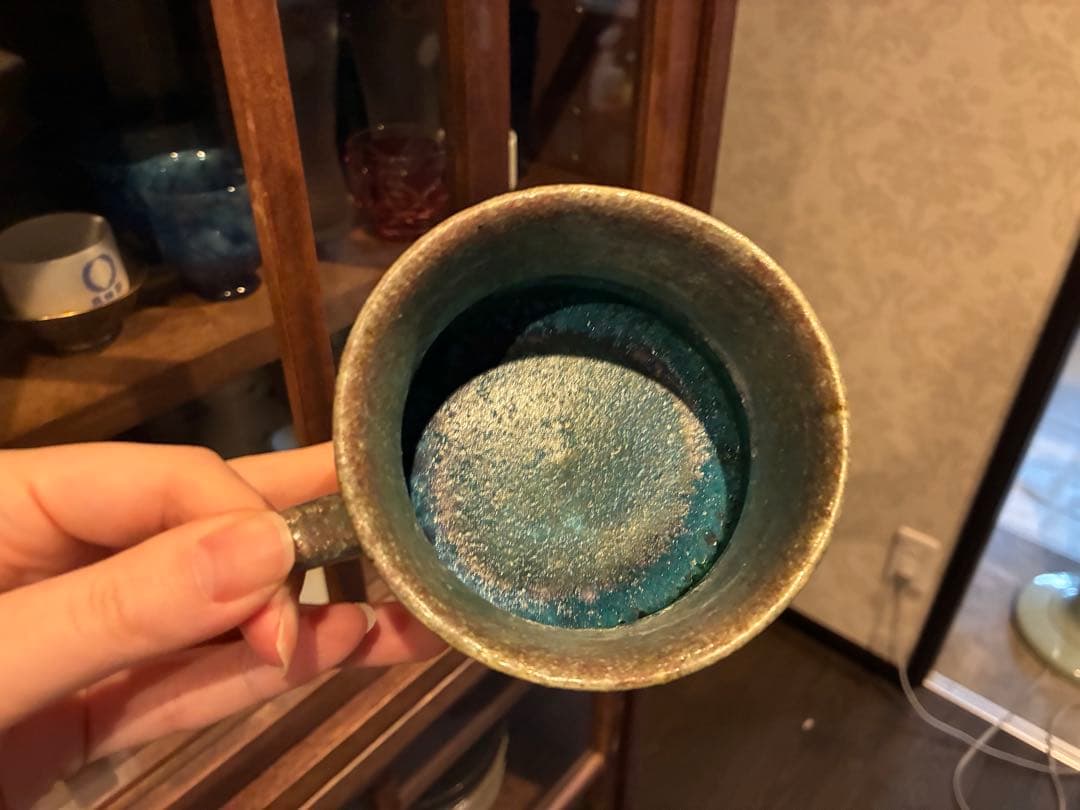 信楽焼 青緑とクリーム色の陶器マグカップ 藤原純 信楽焼 マグカップ