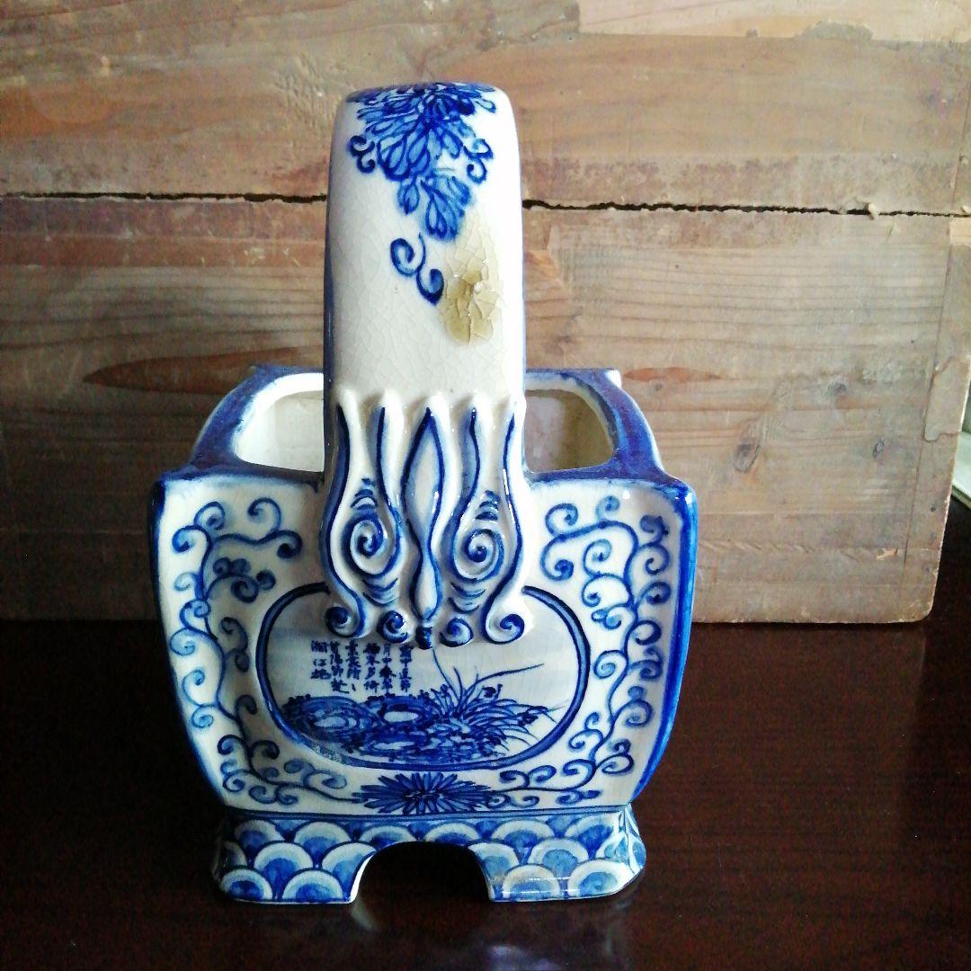 瀬戸焼　染付四方手桶　17.5cm　明治～昭和初期