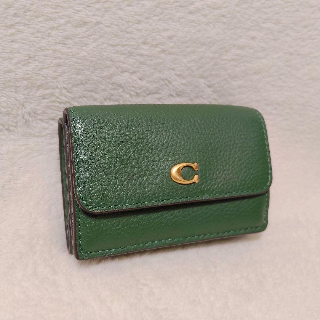 美品 COACH コーチ グリーン 折り財布 レザー ミニ トライフォールド