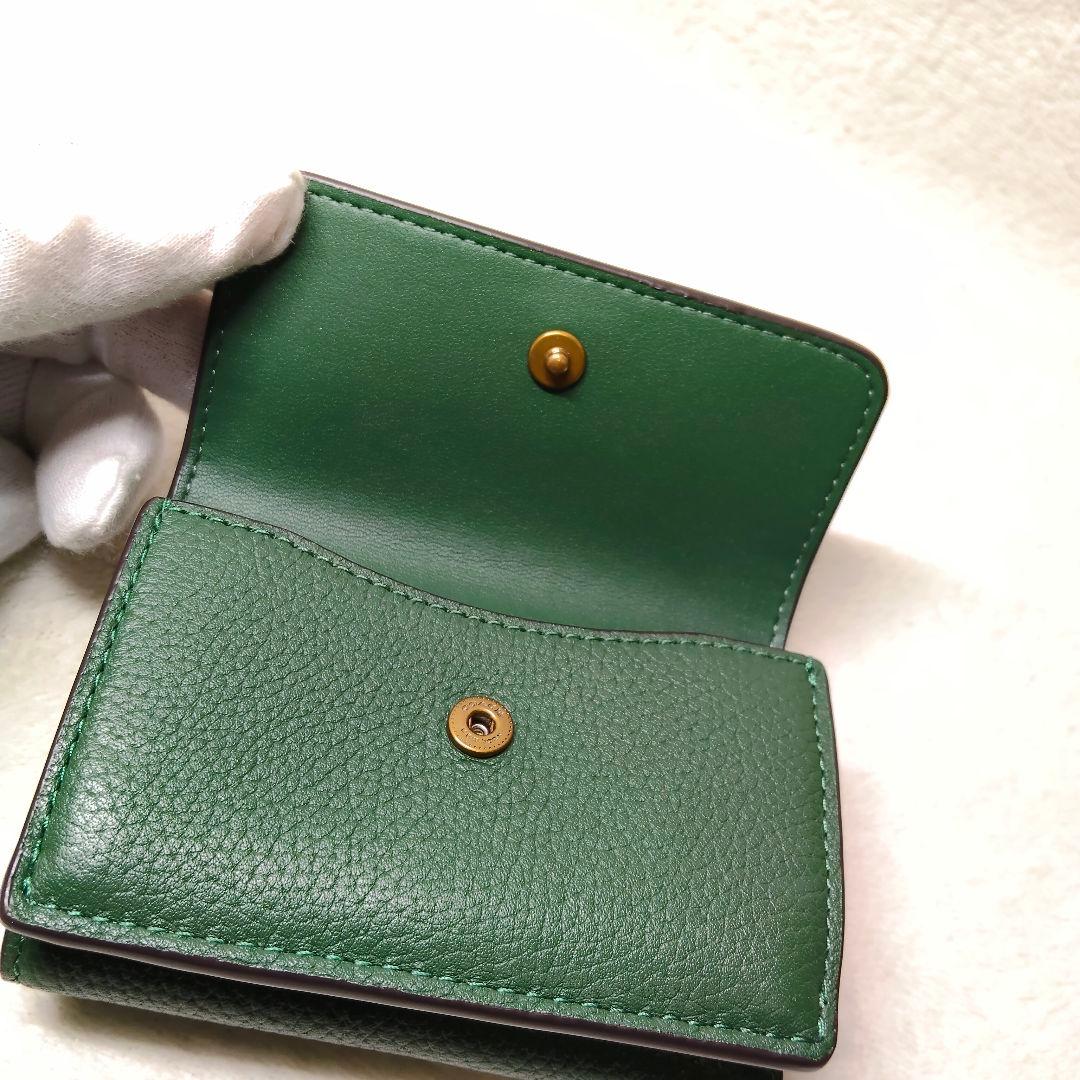 美品 COACH コーチ グリーン 折り財布 レザー ミニ トライフォールド