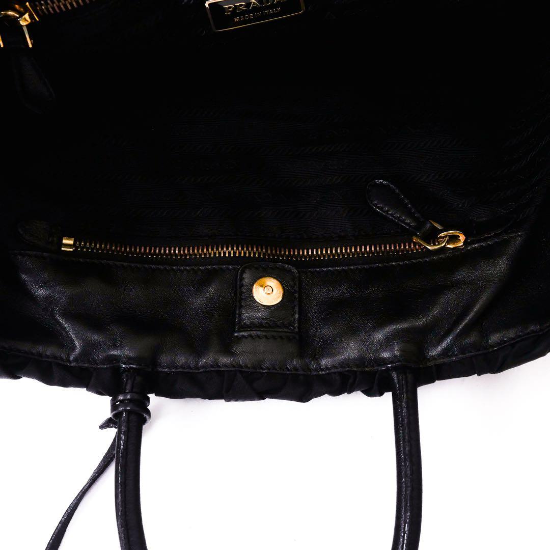 超美品 PRADA プラダ ブラック ナイロン レザー ハンドバッグ ギャザー