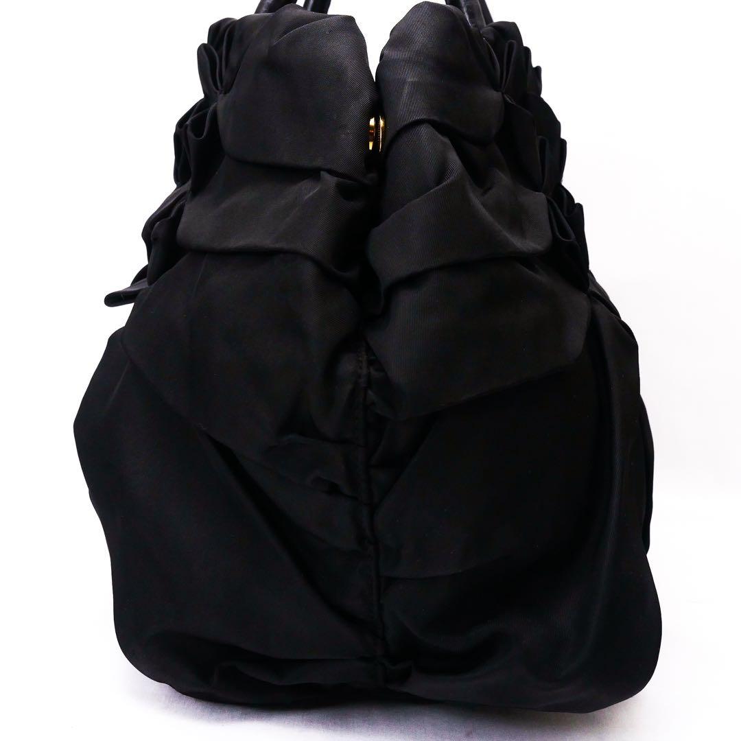 超美品 PRADA プラダ ブラック ナイロン レザー ハンドバッグ ギャザー