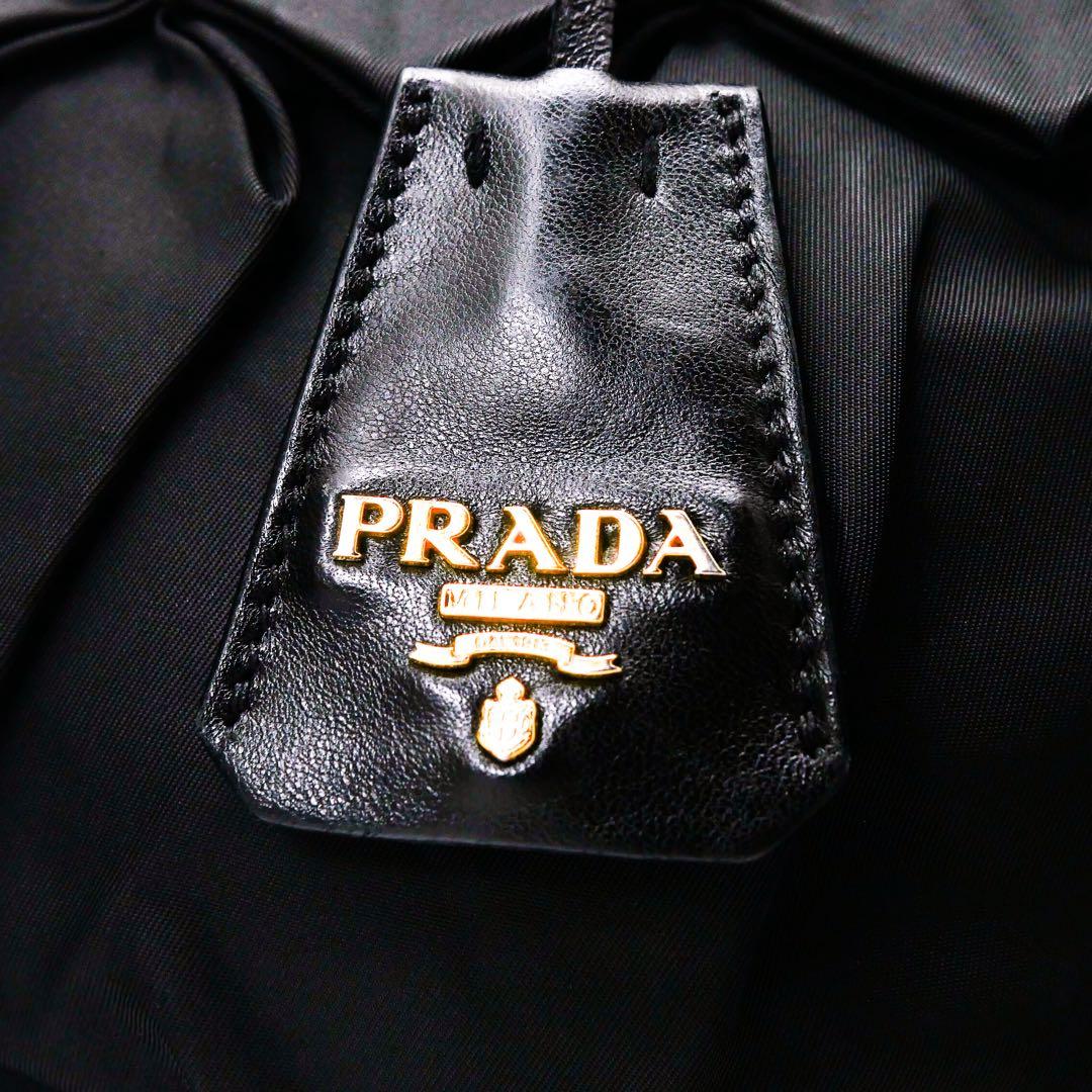 超美品 PRADA プラダ ブラック ナイロン レザー ハンドバッグ ギャザー