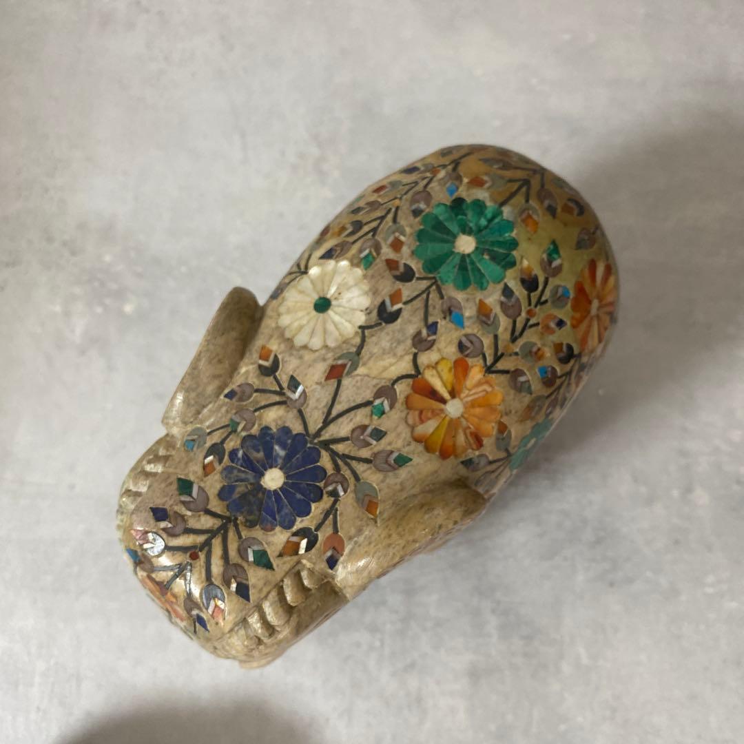 インド工芸品 天然石 花柄 象の置物 大中小3点 縁起物
