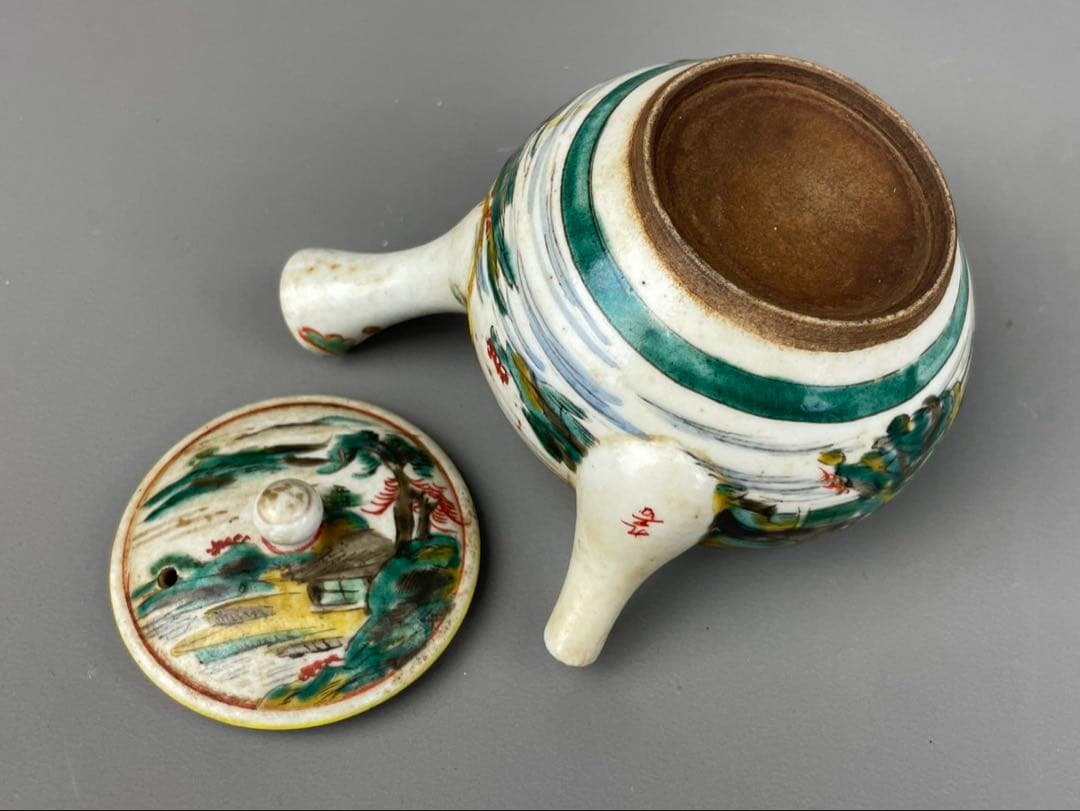 江戸期 古九谷 急須 湯呑み 3客 山水図 九谷焼 時代物 陶器 色絵 茶道具