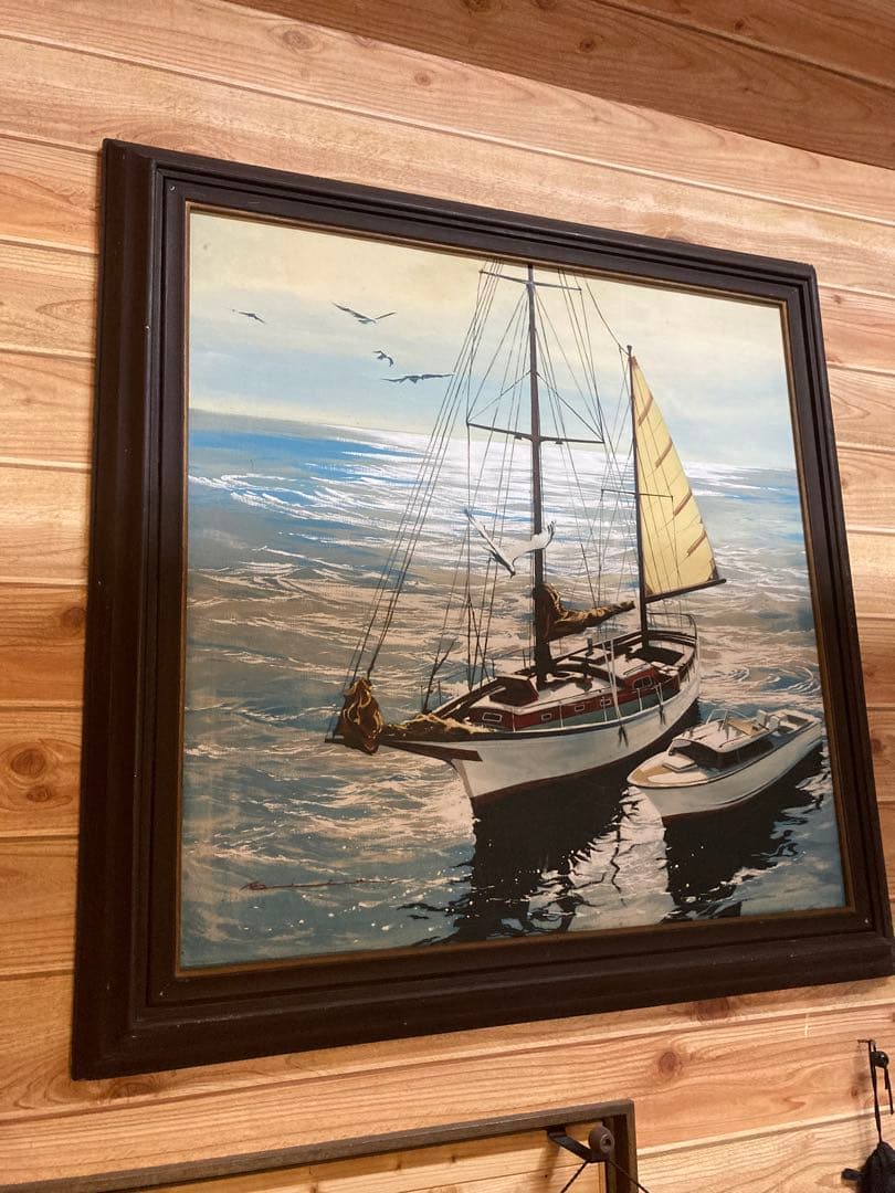 帆船の油彩画 ダークブラウンフレーム　絵画　壁掛　アンティーク