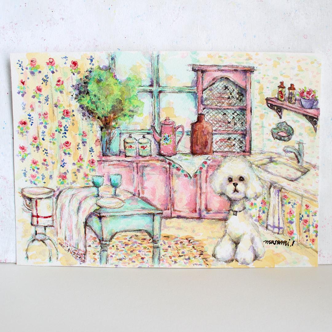 「プードルホワイトとキッチン フレンチカントリー」水彩画 原画B5相当