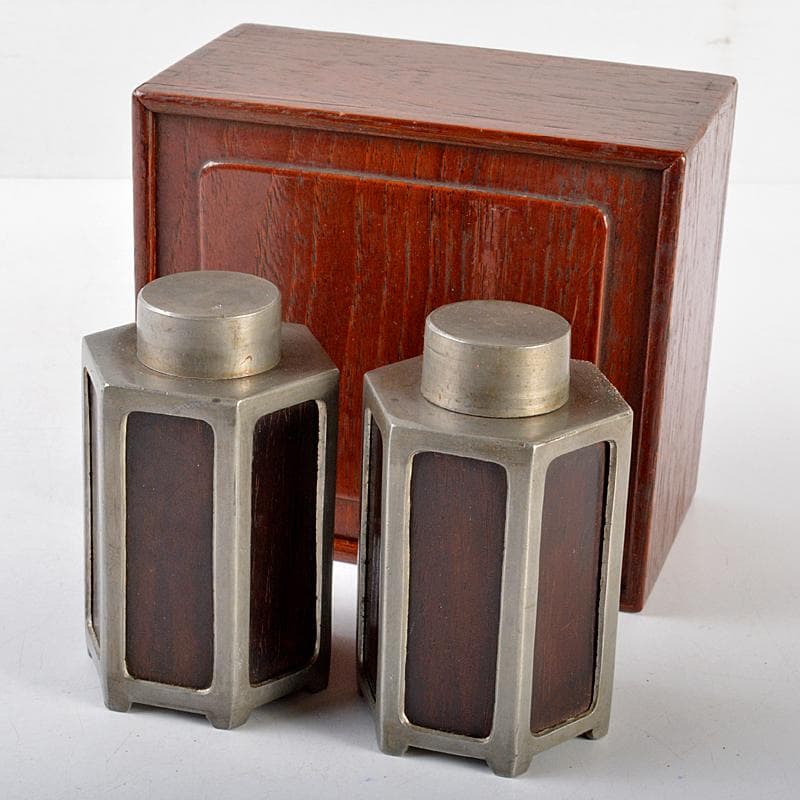 茶道具　古錫　唐木紫檀張　六角茶壷　茶心壷　一對　時代箱付　J　R5494 茶道具 古錫 唐木紫檀張 六角茶壷 茶心壷 一對 時代箱付 J R5494