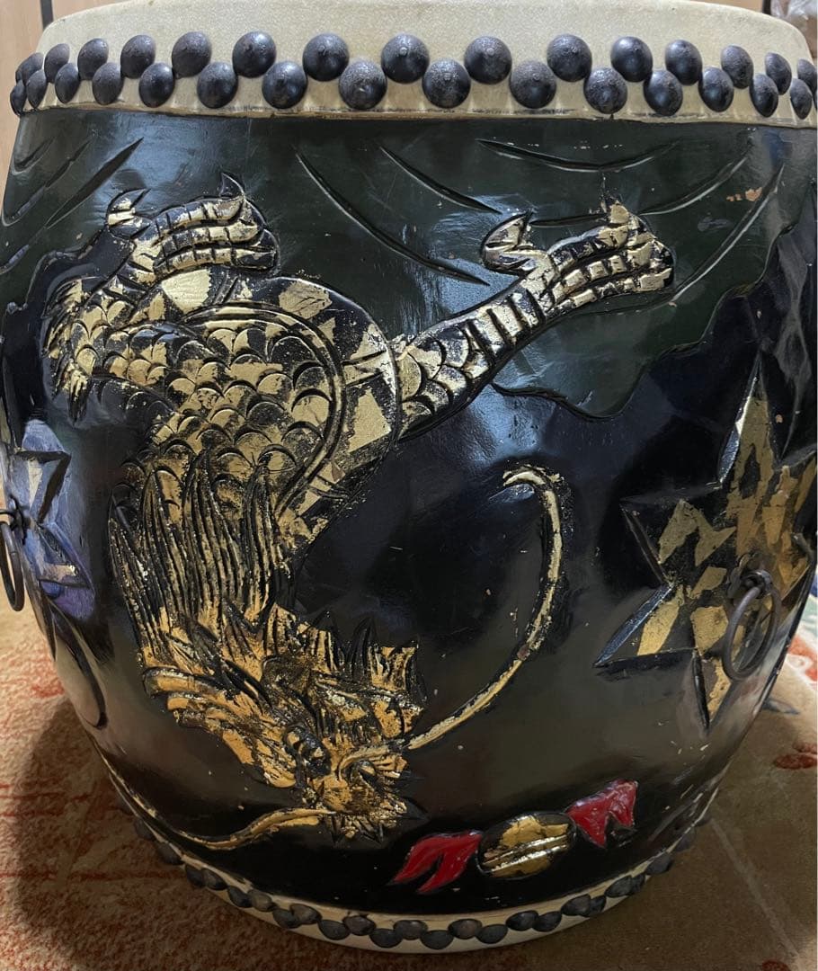 太鼓 和太鼓 アンティーク 木彫り 龍彫り オブジェ 古道具