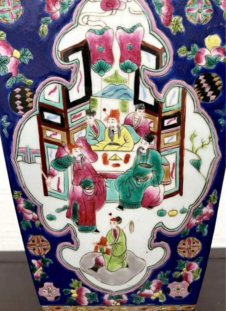 中国 粉彩 色絵 花鳥人物図 双耳四方瓶 古玩 古美術 中国 花瓶 粉彩の