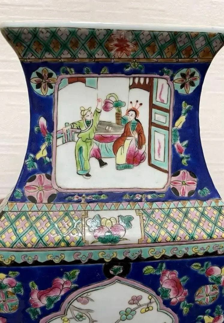 中国 清时代 粉彩 色絵 花鳥人物図 双耳四方瓶 古玩 古美術