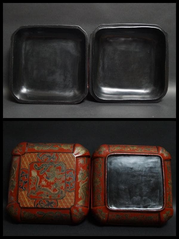 清 木製彫填漆塗 細工彫り『龍鳳凰文』金彩蒔絵 面取喰籠 蓋物 菓子器 /茶道具