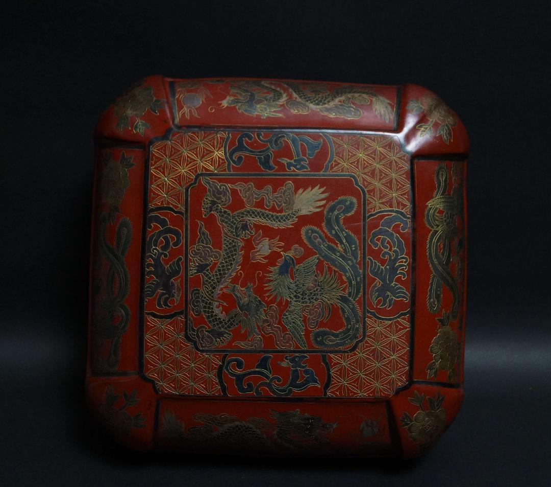 清 木製彫填漆塗 細工彫り『龍鳳凰文』金彩蒔絵 面取喰籠 蓋物 菓子器 /茶道具