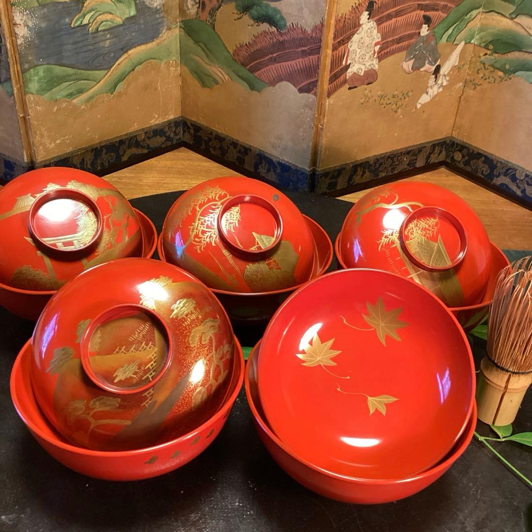 A902木製輪島塗 懐石道具 赤 古典風景蒔絵 『塗師銘仁左衛門』 5客