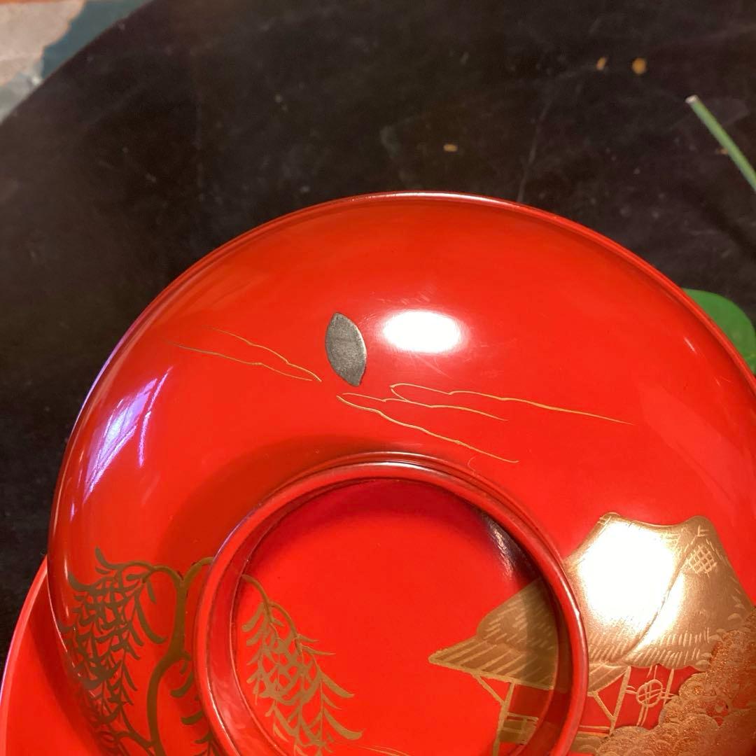 A902木製輪島塗 懐石道具 赤 古典風景蒔絵 『塗師銘仁左衛門』 5客