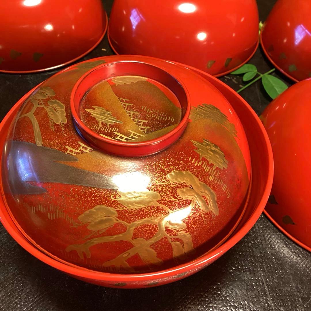 A902木製輪島塗 懐石道具 赤 古典風景蒔絵 『塗師銘仁左衛門』 5客