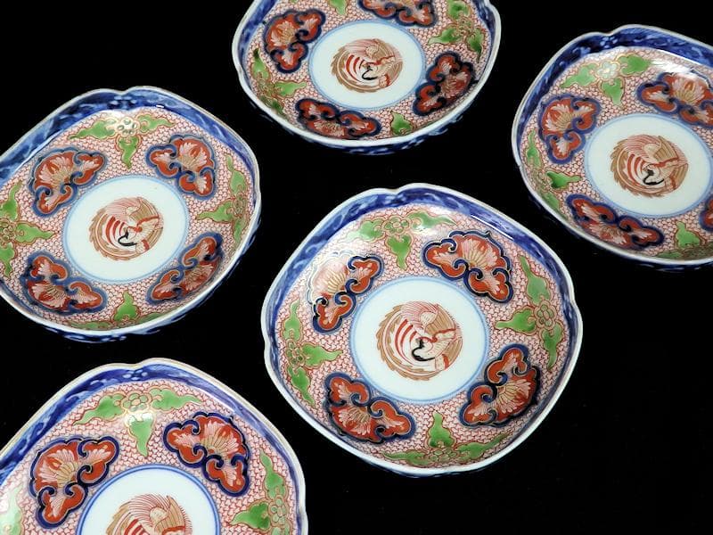 大聖寺伊万里 金襴手鳳凰に毘沙門亀甲紋の図 四方角皿 5枚