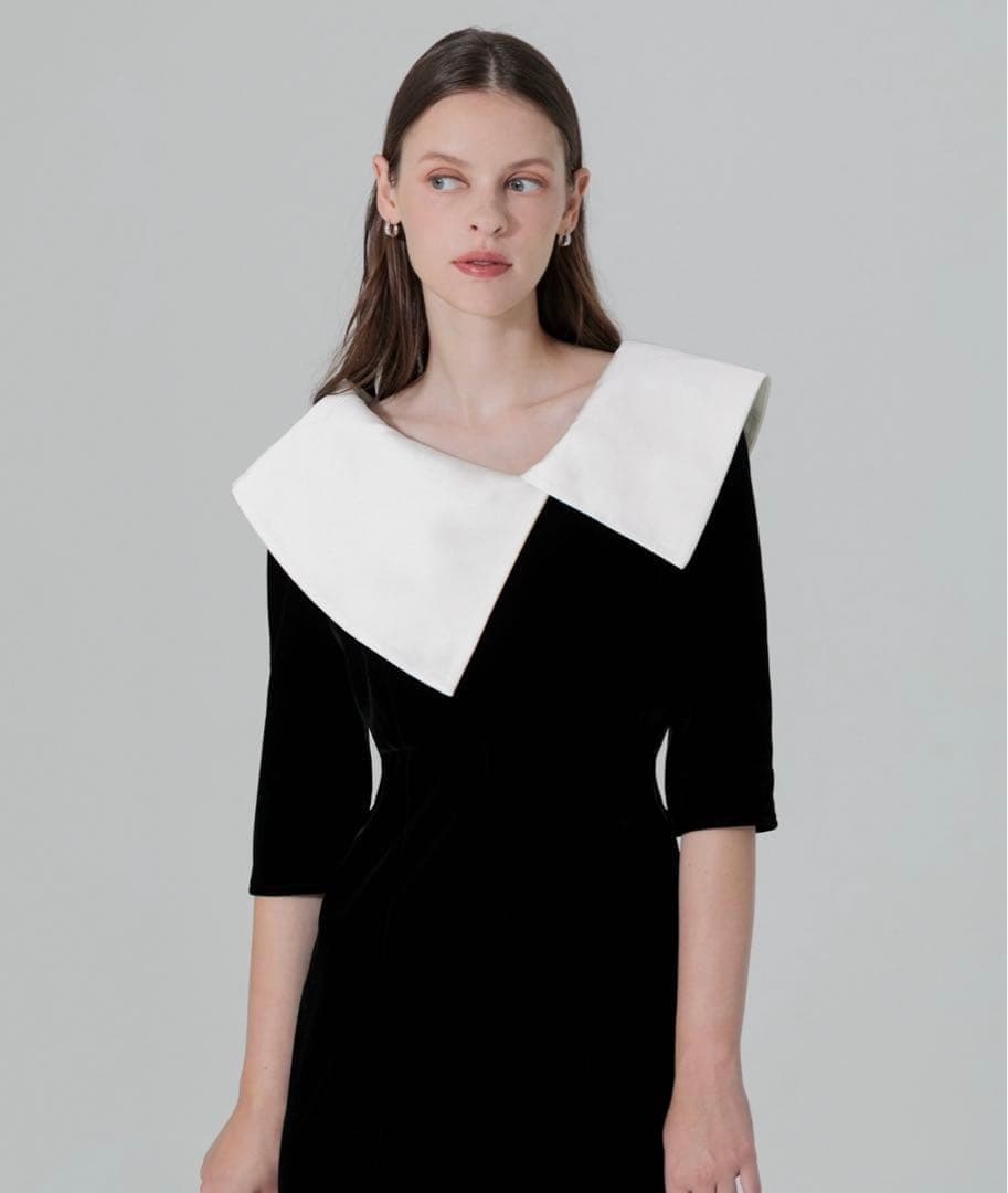 Leja 配色アシンメトリービッグカラーベロアマーメイドシルエットドレス　結婚式