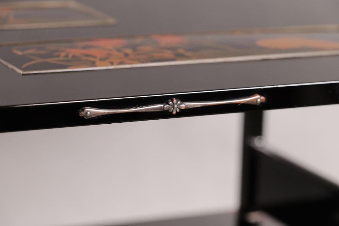 時代 花鳥図 金蒔絵 黒塗二段卓 冠卓 木箱 木製 花台 飾台 鶉 雀 M840