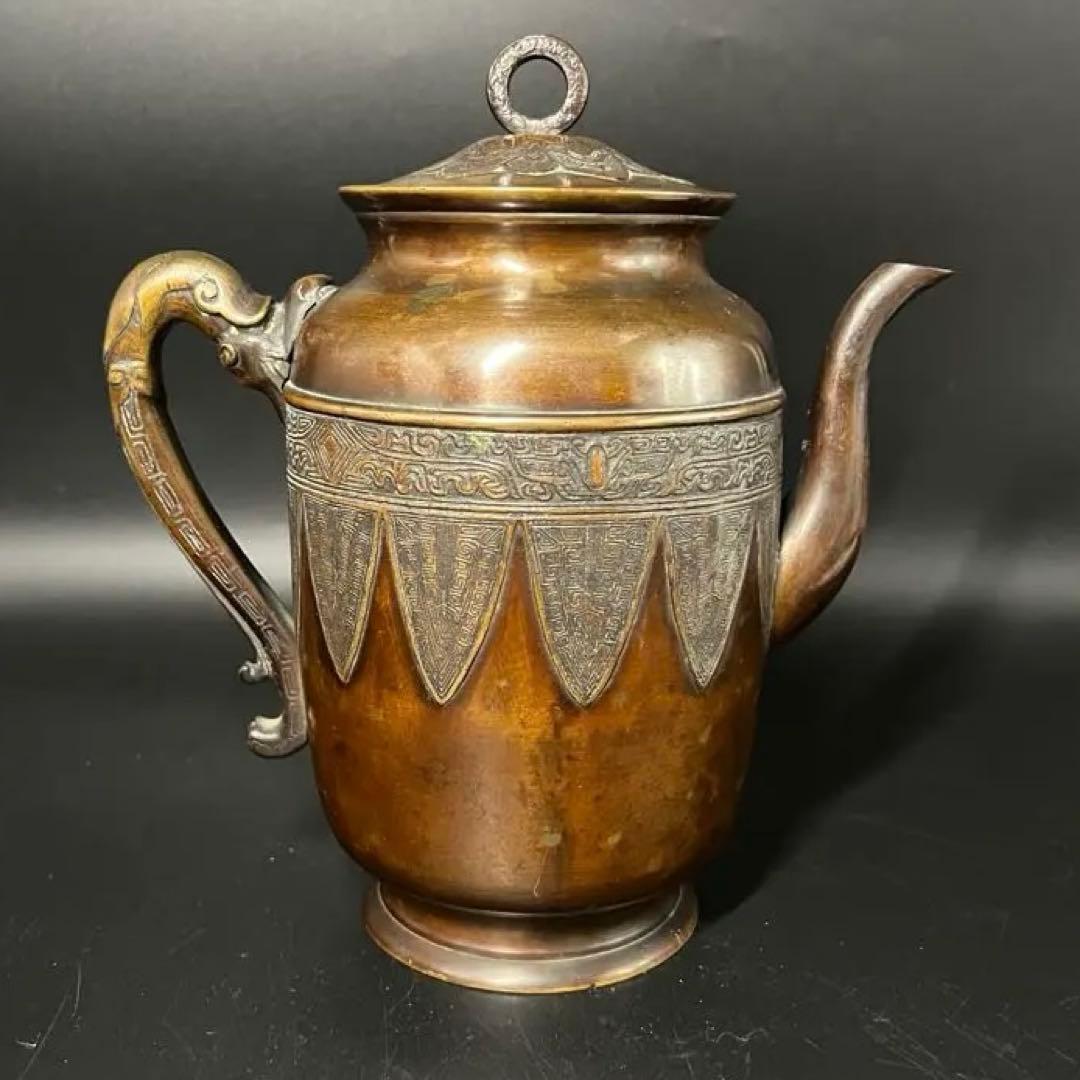 名越昌晴 作 銅製 雷文垂文龍形把手 水注◎意匠美しい茶道具◎古美術庵々