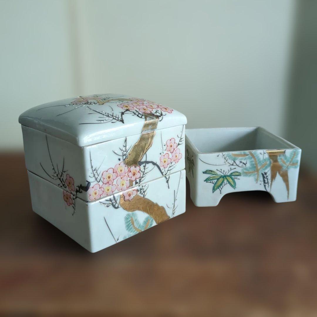 骨董 段重箱 陶器 松竹梅 三段重 アンティーク 物入 おせち