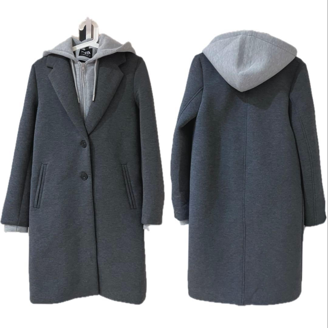 極美品】ZARA デタッチャブルフード コントラストコート グレー XS