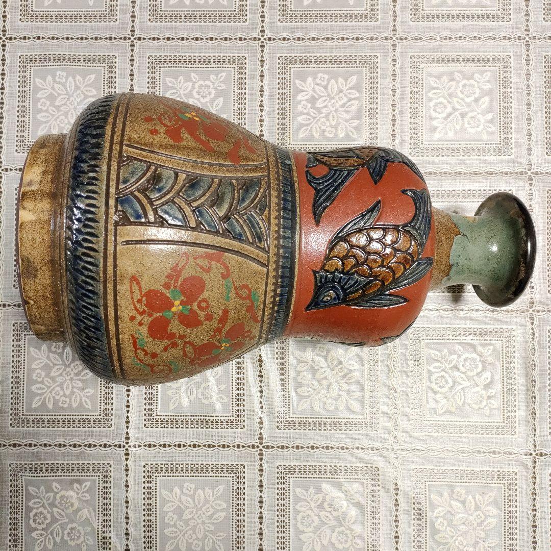 ☆壺屋焼☆小橋川清正 赤絵魚紋大壷 高さ37cm、重量約