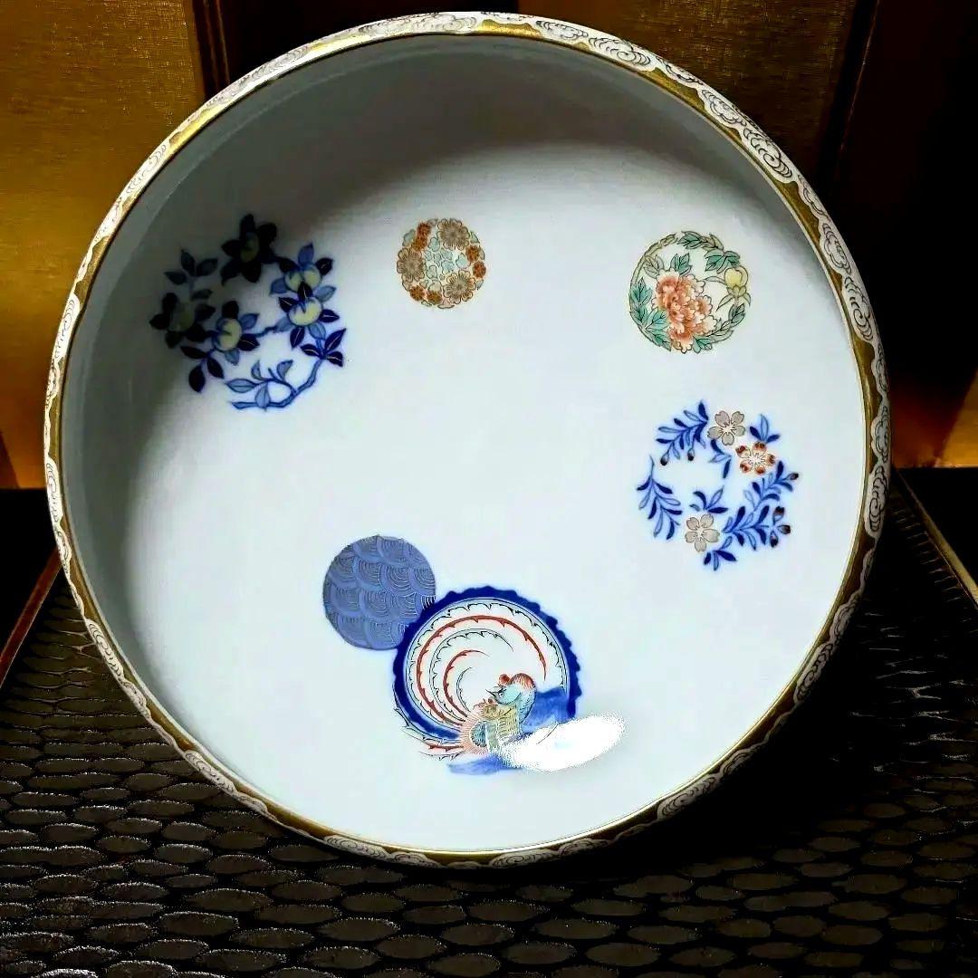 深川製磁　希少　オールド深川　染錦花丸紋　高台鉢　菓子鉢　盛り鉢