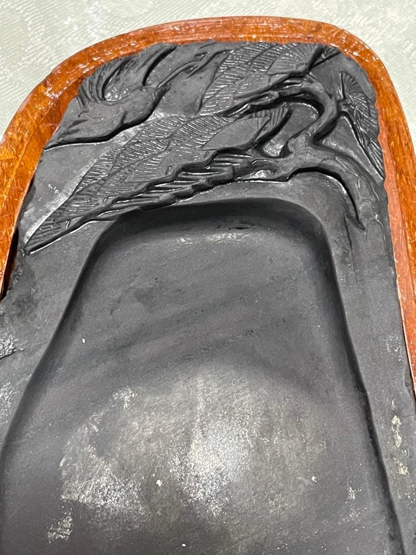 彫刻石硯 松と鳥 唐木箱入り ＆ 墨と筆2本セット