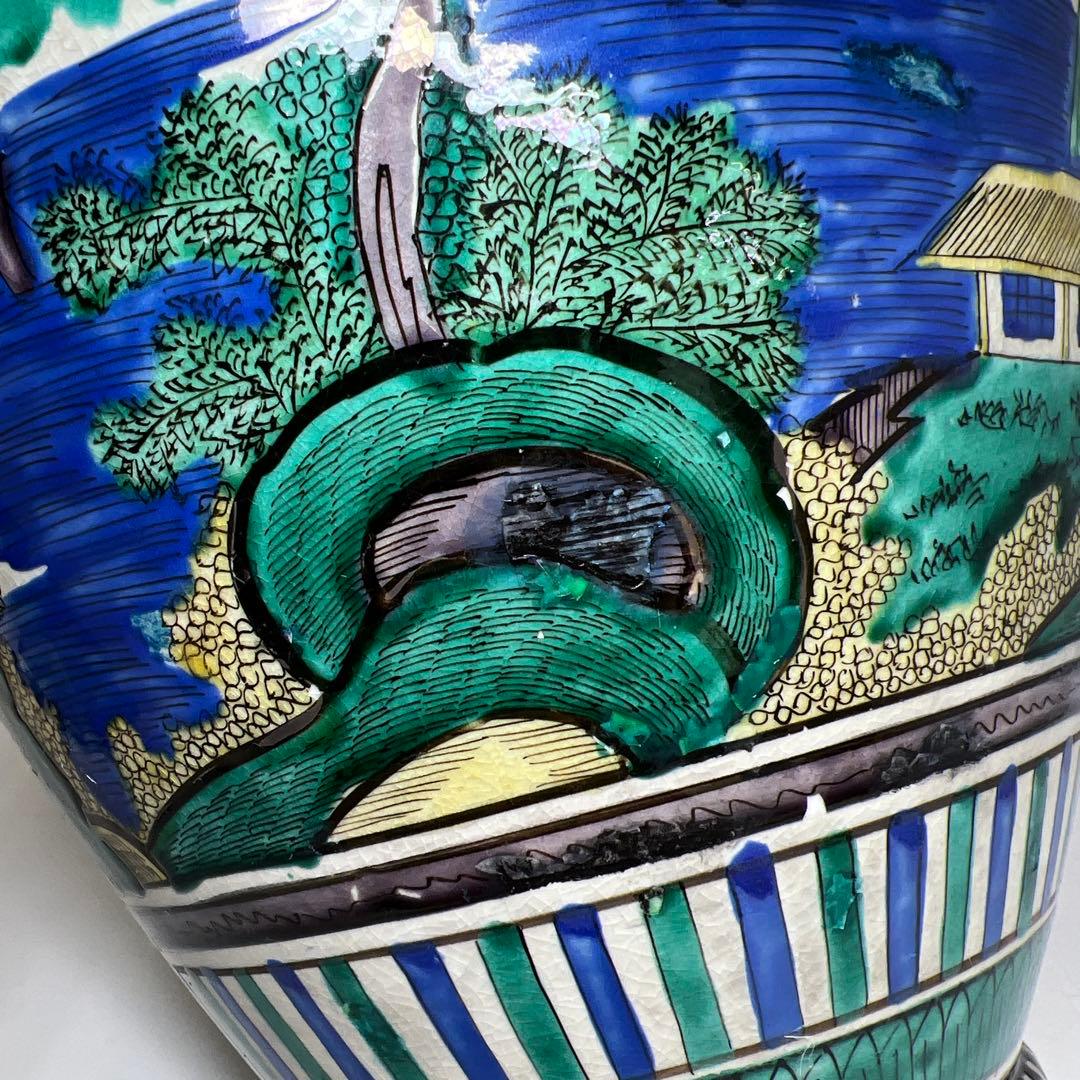 江戸後期　青九谷　特大沈香壷　木箱付　高さ約45㎝　東Y7-1209☆2Fタルサ