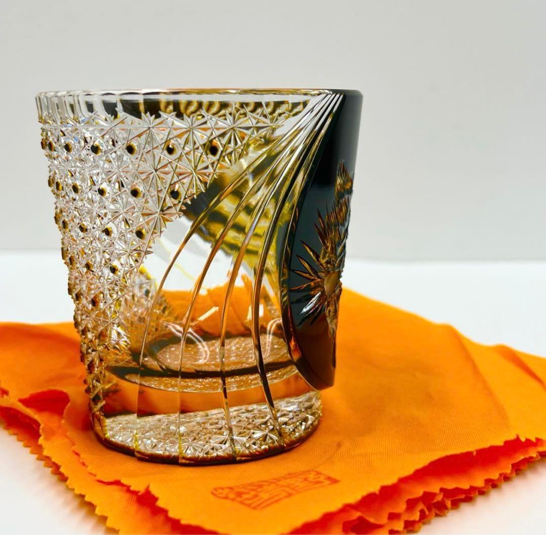新品但野英芳 江戸切子 『虎』黒・黄ロックグラス サイン薩摩切子 琥珀瑠璃