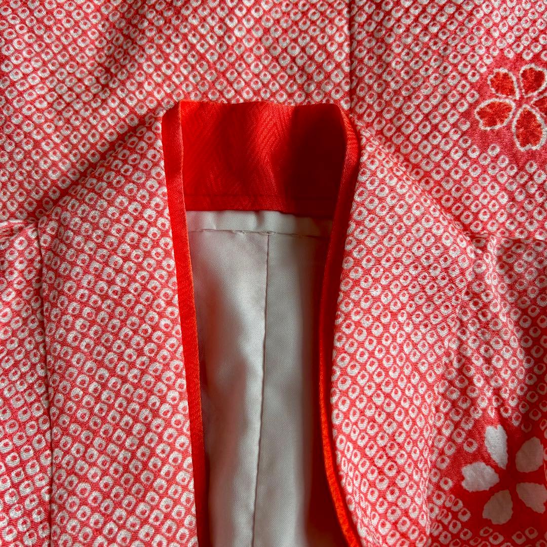 七五三 赤とピンクの花柄着物 作り帯 はこせこセット ７歳