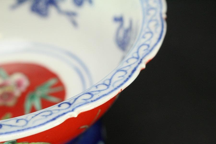 中国美術 珊瑚釉 花蝶紋 瑠璃 遊台 φ15cm 乾隆年製(LC256)