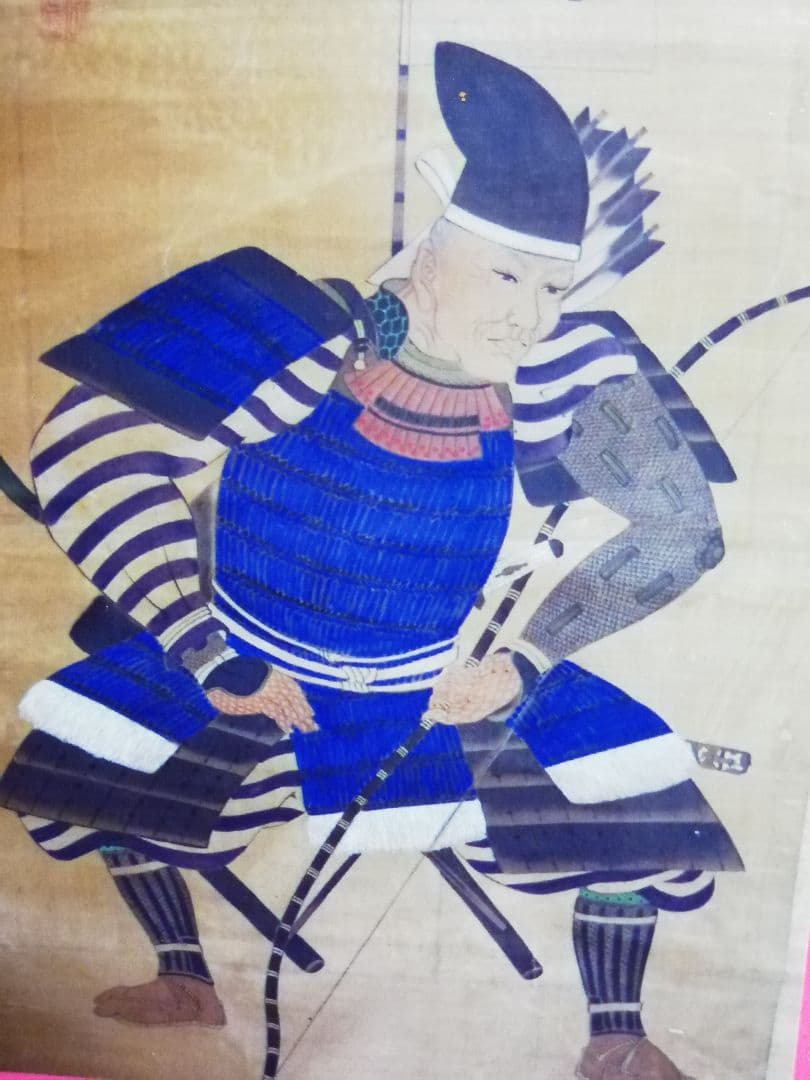 江戸時代大名上級武家絹本徳川譜代鳥居家旗指家紋老武将鎧烏帽子姿床几座見事な掛軸 江戸時代大名上級武家絹本徳川譜代鳥居家旗指家紋老武将鎧烏帽子姿床几