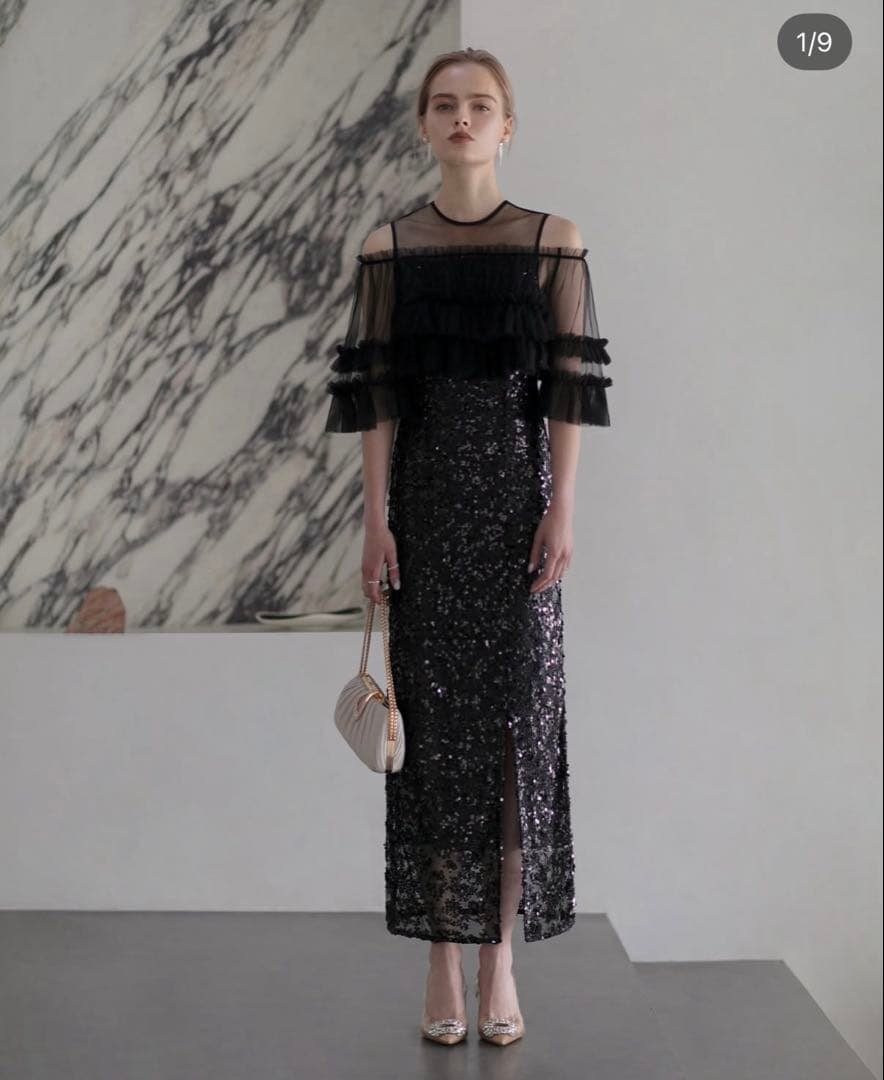 値下げ！LEJA チュールフリルオフショルダースパンコール Leja（レジャ） ドレス 「LEJA」チュールフリルオフショルダー