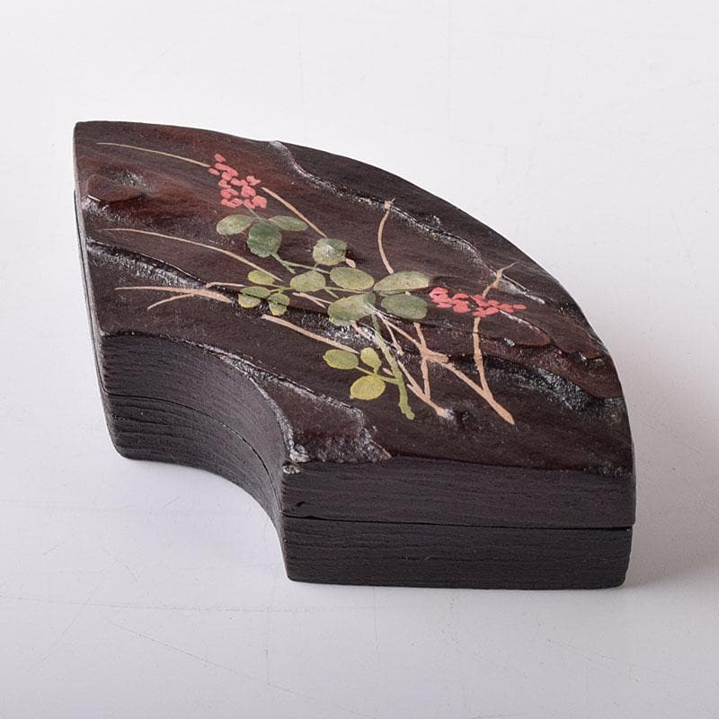 茶道具　塗師　高橋峯房作　秋草蒔絵　扇面型　香合　共箱　V　7778