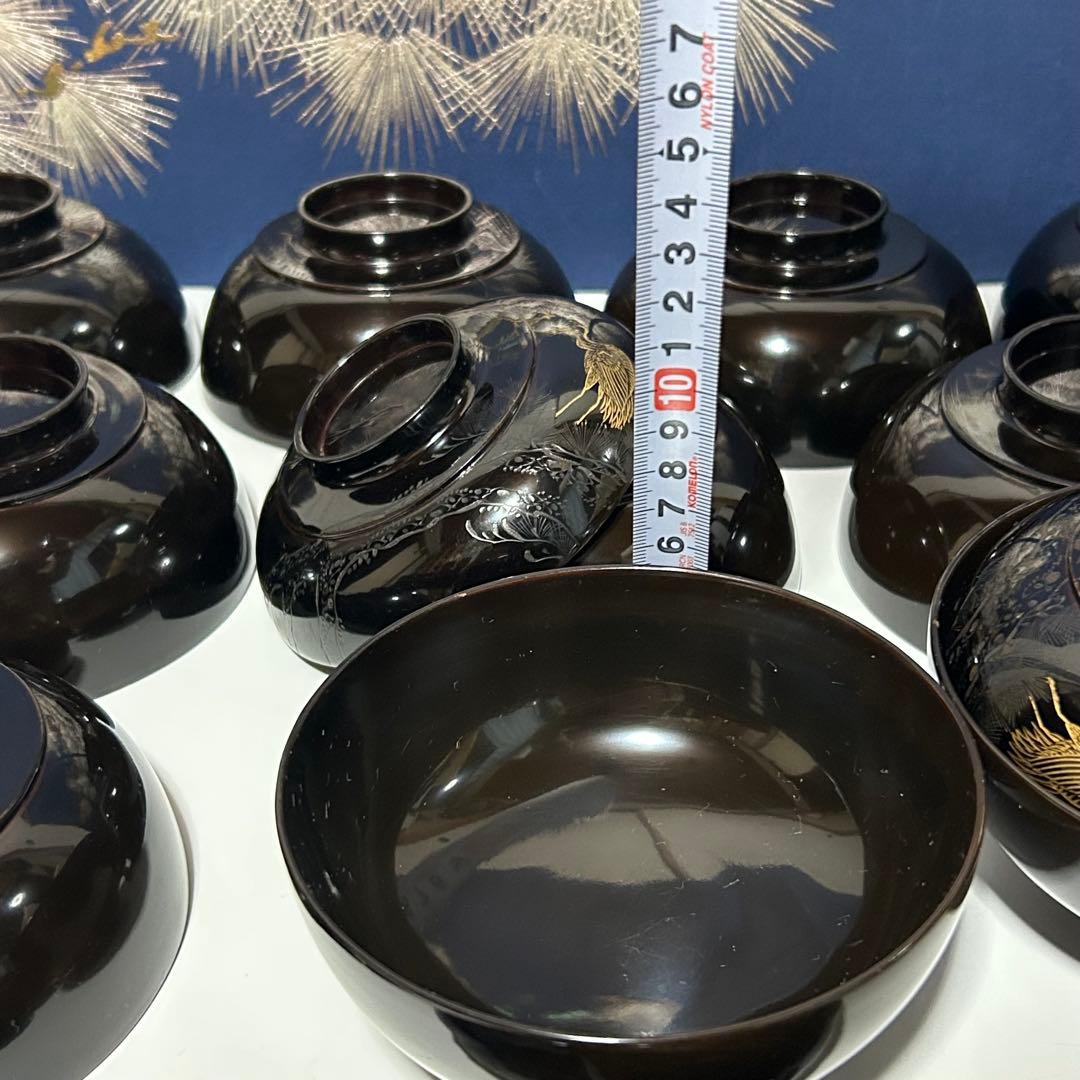 輪島塗　蒔絵　漆器 吸物椀 多用椀 松竹梅　金色鶴彫刻 10個セット