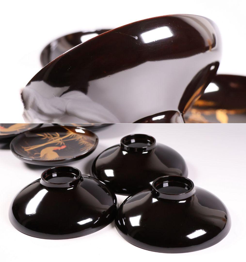 CM353】時代蒔絵椀 竹に鶏金蒔絵 平椀三客 木製 /(検) 輪島塗加賀能登