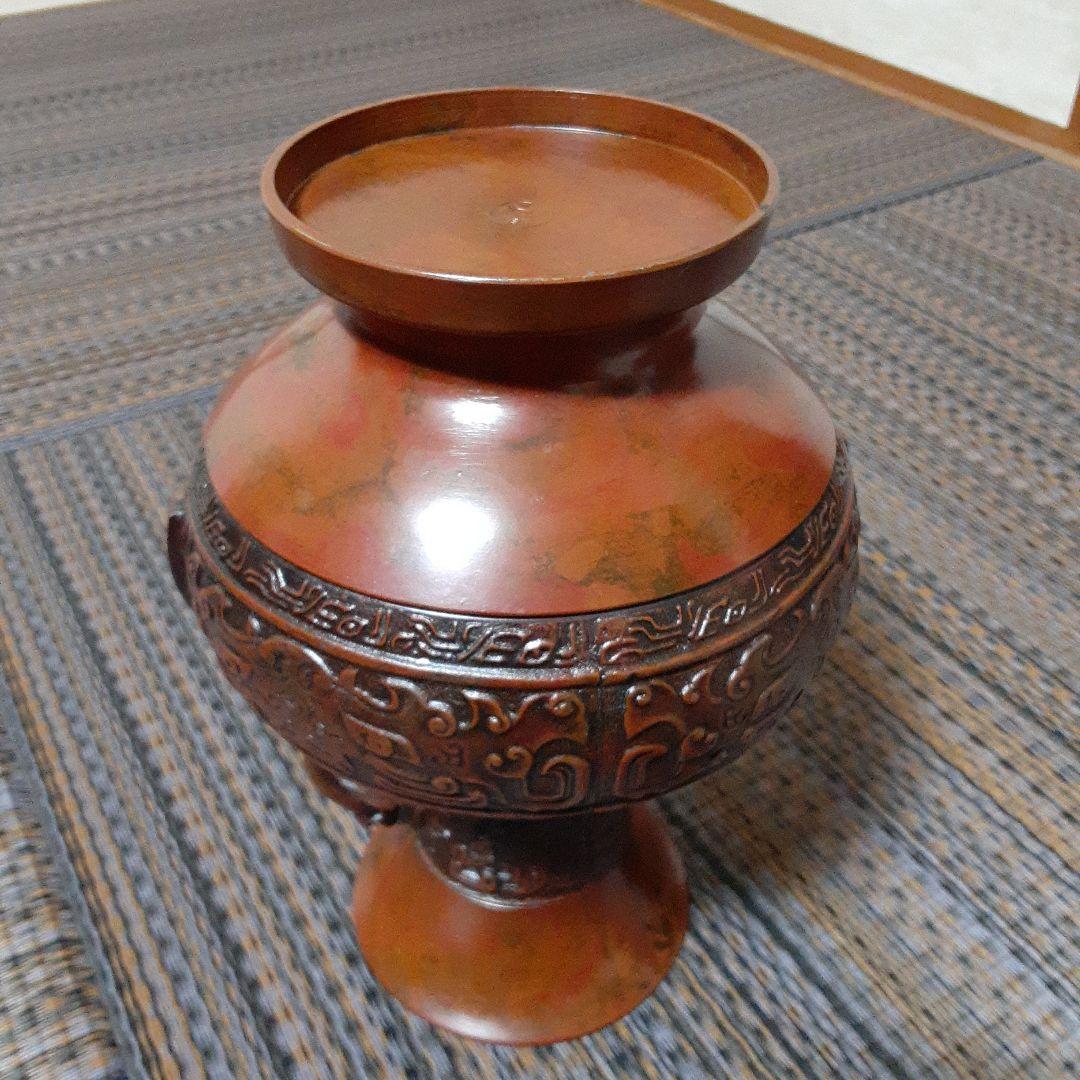 古い耳付高岡天龍銅器花瓶/茶華道活花飾/伝統工芸鋳物饕餮文様/吉祥赤銅龍泉堂在銘