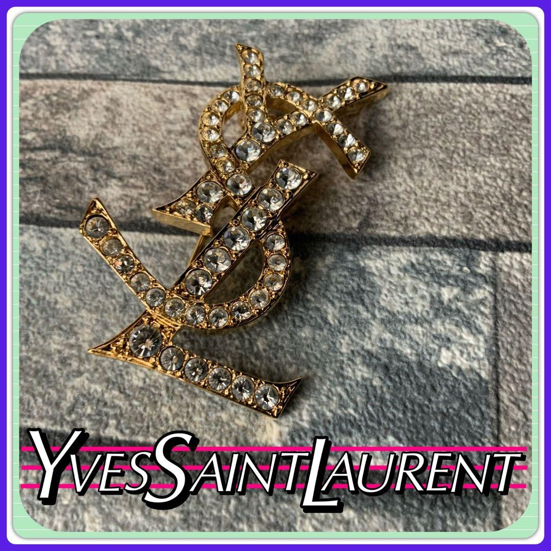 ◇イヴ・サンローラン YSLロゴ ラインストーン ブローチ ゴールド