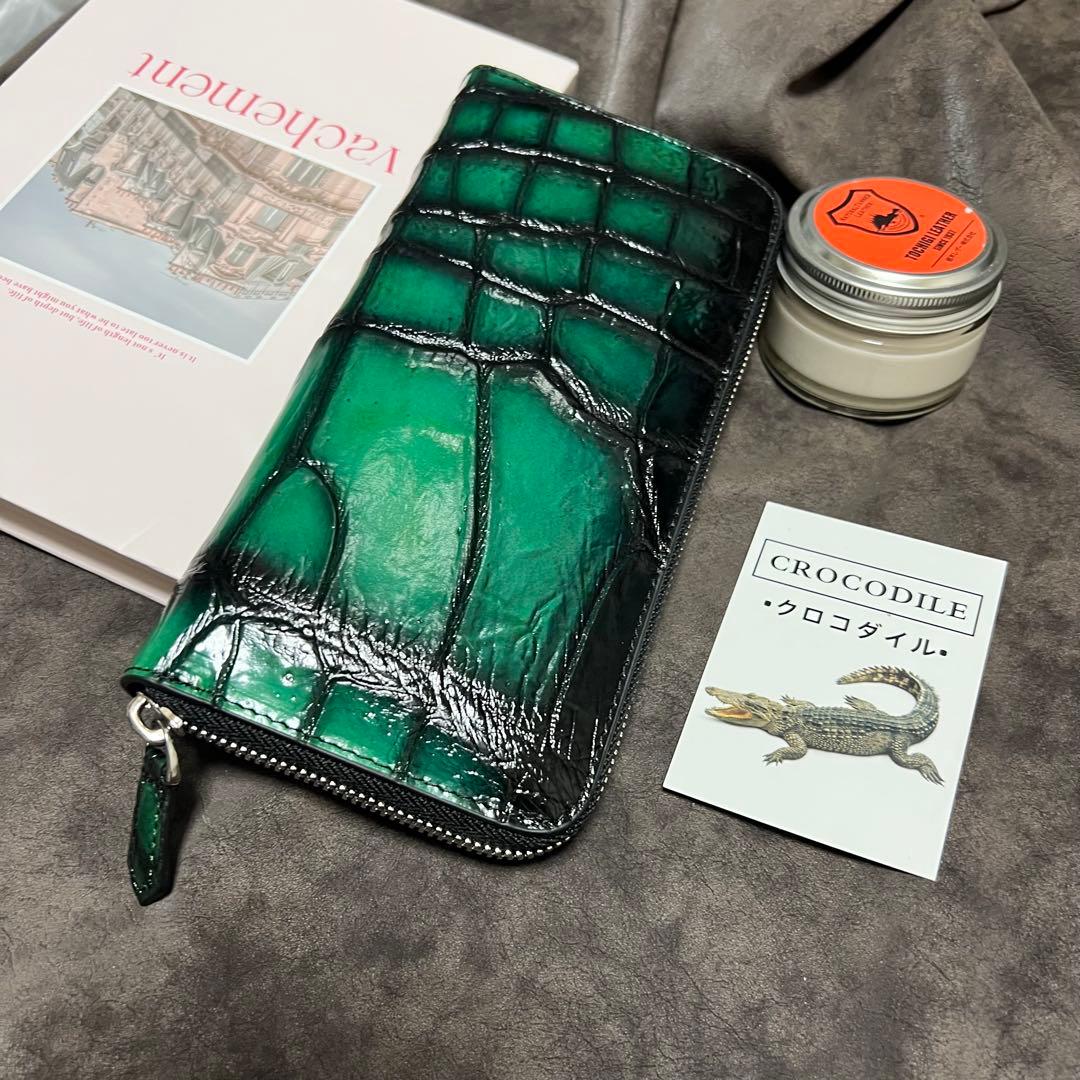 実物一枚革　クロコダイル　ラウンドファスナー 本革　手染め手作り　長財布　人気
